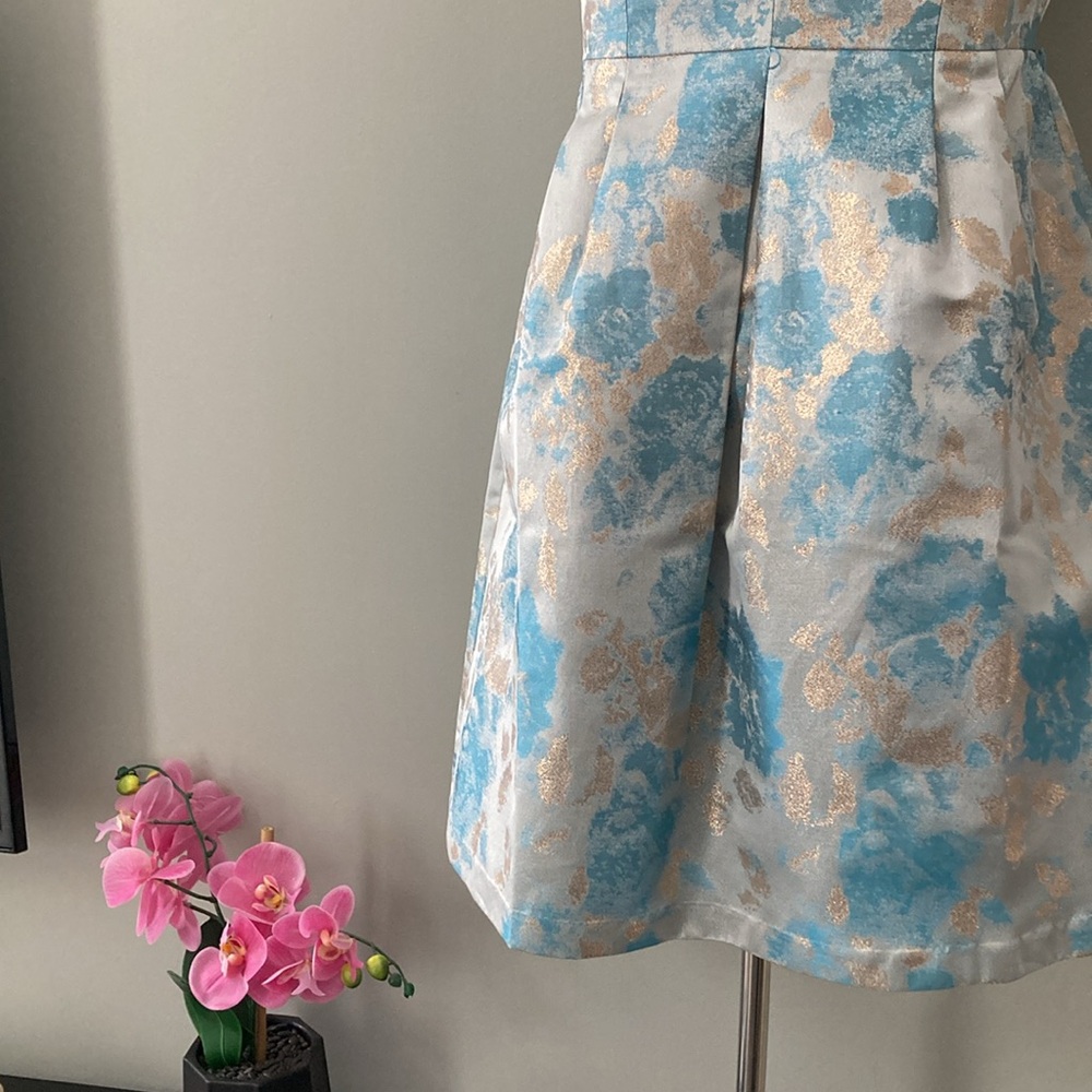 Tahari ASL Levine Blue Gold Rose Gold Fit and Flare Jacquard NWOT - Picture 3 of 6